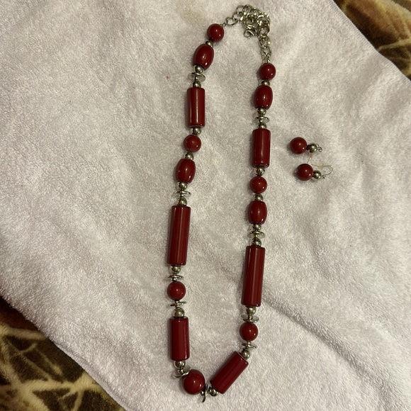 Heavy Silver & Deep Maroonish-Red Necklace & Earrings Set - Picture 4 of 5